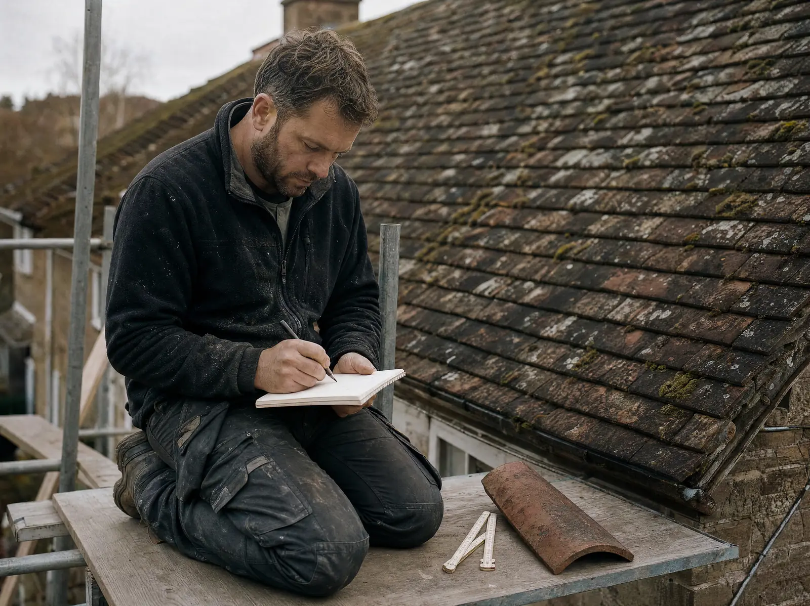 Roofer measuring a pitched roof to prepare a written quote