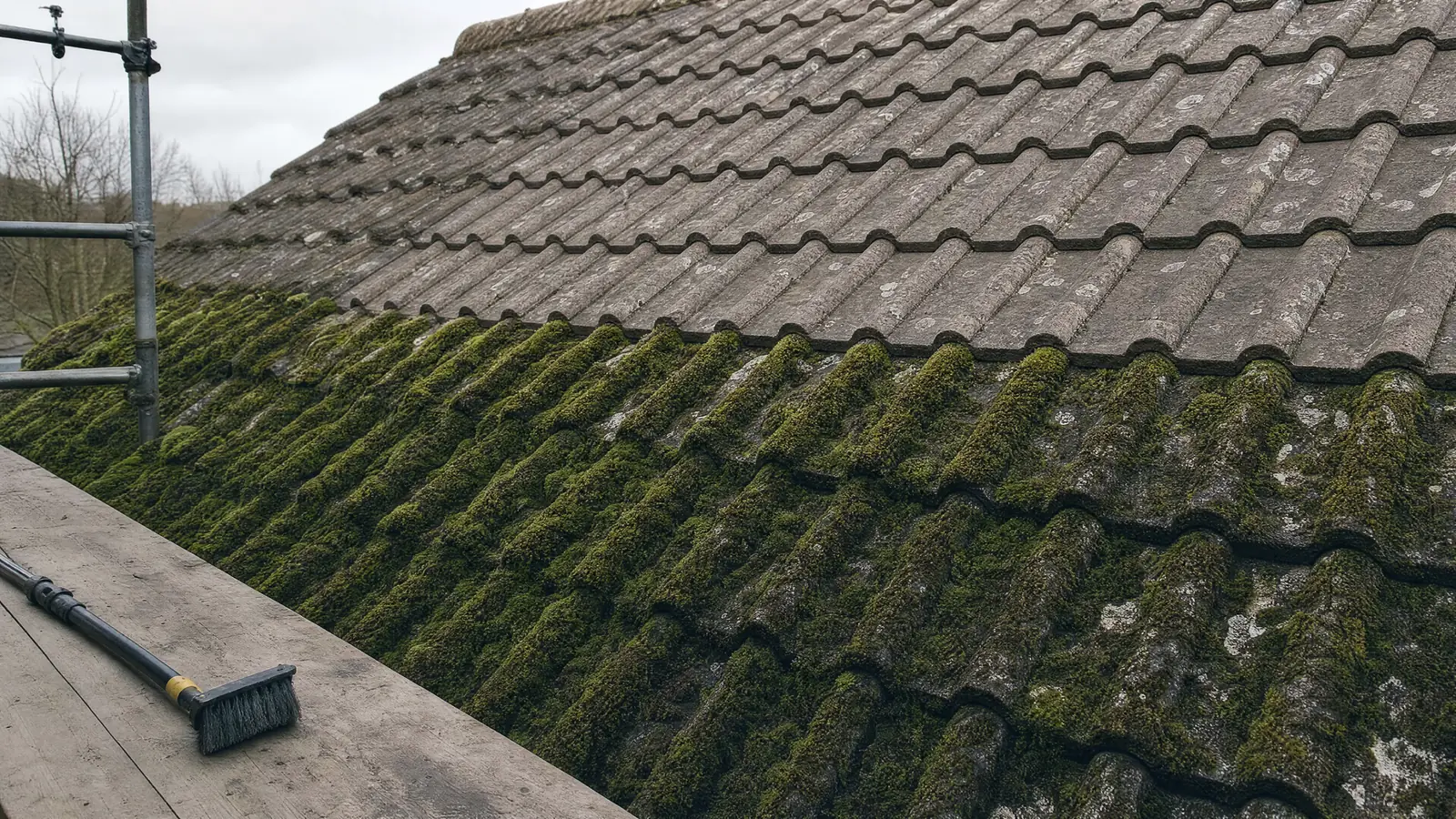 Moss growth and leaf debris on a shaded pitched tile roof